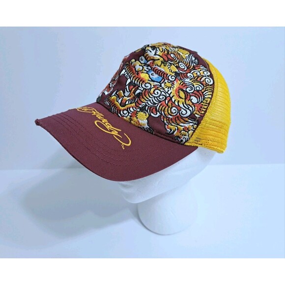 Vintage ED HARDY by Christian Audigier Yellow Red Dragon Graphic Mesh Snapback - Picture 10 of 10